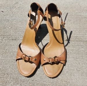 Cole Haan Leather Gold-Buckle Kitten Heel Sandals (7.5 - 8)